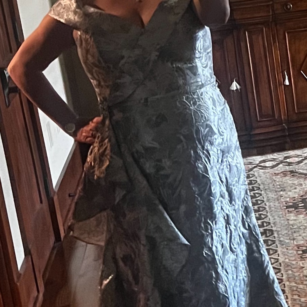 Metallic Jacquard Surplice Off-shoulder Sheath Gown by MGNY